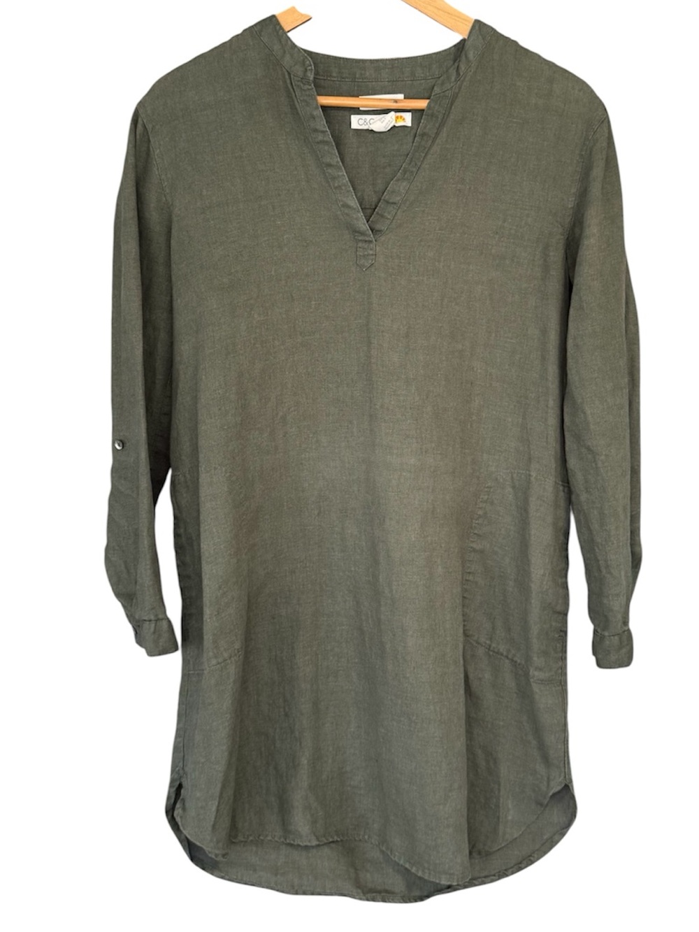 C&C California tunic dress lightweight linen V-neckline roll-tab sleeves Size S